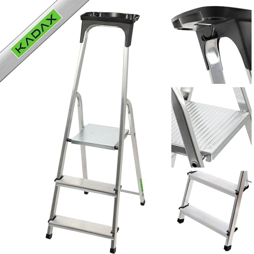 KADAX Aluminiumleiter, Stehleiter bis zu 125 kg, Stufenleiter, Trittleiter, Alu-Sicherheits-Stehleiter, klappbare Leiter mit Ablage, Aluklappleiter, Aluleiter (3 Stufen) von KADAX