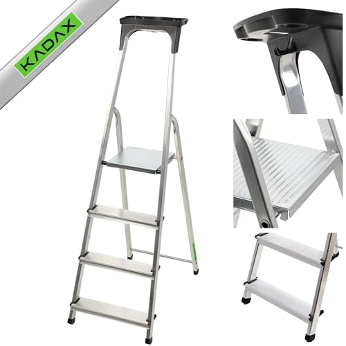 KADAX Aluminiumleiter, Stehleiter bis zu 125 kg, Stufenleiter, Klapptritt für Senioren, Alu-Sicherheits-Stehleiter, klappbare Leiter mit Ablage, Aluklappleiter, Aluleiter (4 Stufen) von KADAX