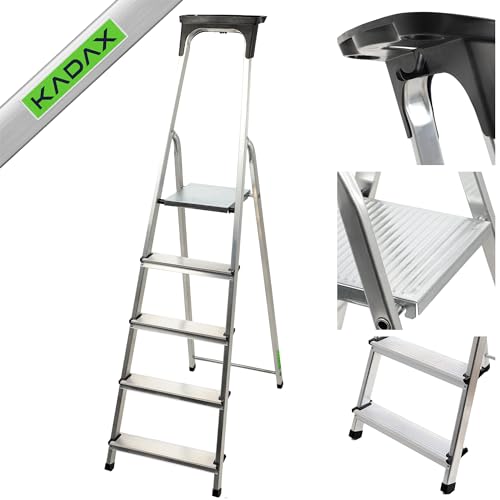 KADAX Aluminiumleiter, Stehleiter bis zu 125 kg, Stufenleiter, Klapptritt für Senioren, Alu-Sicherheits-Stehleiter, klappbare Leiter mit Ablage, Aluklappleiter, Aluleiter (5 Stufen) von KADAX