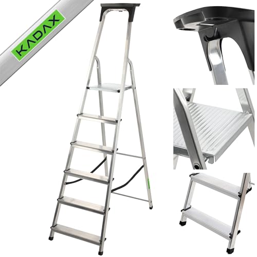 KADAX Aluminiumleiter, Stehleiter bis zu 125 kg, Stufenleiter, Klapptritt für Senioren, Alu-Sicherheits-Stehleiter, klappbare Leiter mit Ablage, Aluklappleiter, Aluleiter (6 Stufen) von KADAX