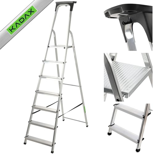 KADAX Aluminiumleiter, Stehleiter bis zu 125 kg, Stufenleiter, Trittleiter, Alu-Sicherheits-Stehleiter, klappbare Leiter mit Ablage, Aluklappleiter, Aluleiter (7 Stufen) von KADAX