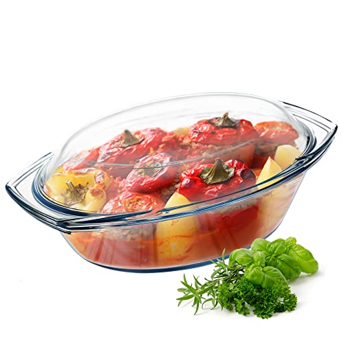 KADAX Auflaufform aus hitzebeständigem Glas, feuerfestes Gefäß, Glasbräter mit Deckel und Griffe, Geschirr zum Braten, Backofen, Elektroherd, für Lasagne, Fleisch, transparent (oval, 2.9L) von KADAX