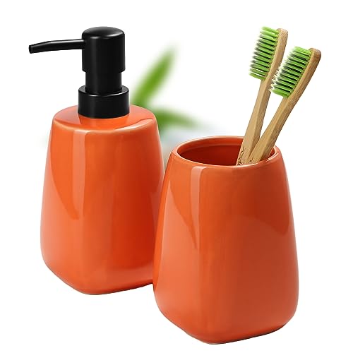 KADAX Badezimmerset, Badezimmerzubehör aus Keramik in 5 Farbvarianten, Badezimmerbecher und Seifenspender, Badausstattung für Badezimmer, Toilette (Orange) von KADAX