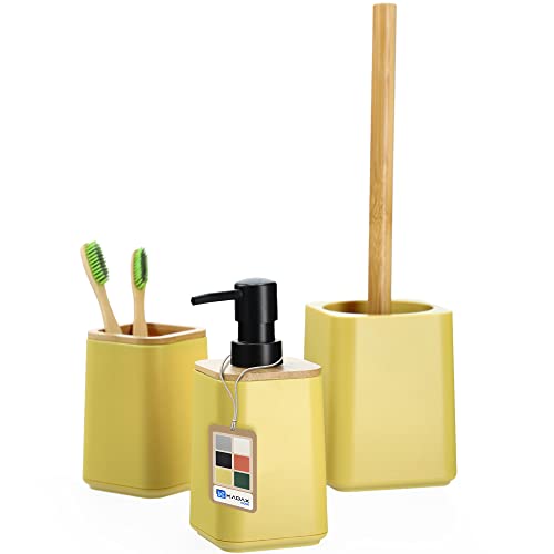KADAX Badezimmerset, Seifenspender, Zahnputzbecher und WC-Bürste in 6 Farbvarianten, modernes Badezimmerzubehör mit natürlichem Bambus, Badausstattung (Gelb) von KADAX