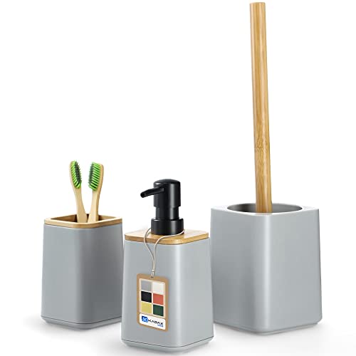 KADAX Badezimmerset, Seifenspender, Zahnputzbecher und WC-Bürste in 6 Farbvarianten, modernes Badezimmerzubehör mit natürlichem Bambus, Badausstattung (Grau) von KADAX