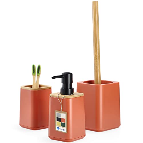 KADAX Badezimmerset, Seifenspender, Zahnputzbecher und WC-Bürste in 6 Farbvarianten, modernes Badezimmerzubehör mit natürlichem Bambus, Badausstattung (Rosa) von KADAX