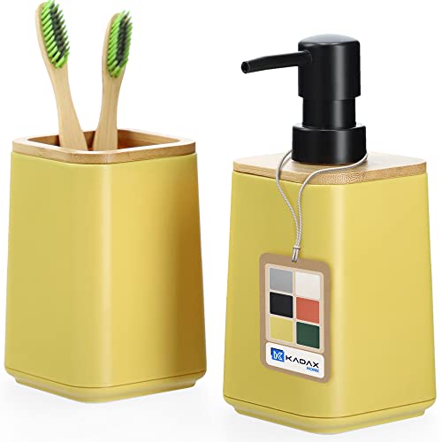KADAX Badezimmerset, Seifenspender mit Zahnputzbecher in 6 Farbvarianten, dekoratives Badzubehör, modernes Badezimmerzubehör mit natürlichem Bam-Bus (Gelb) von KADAX
