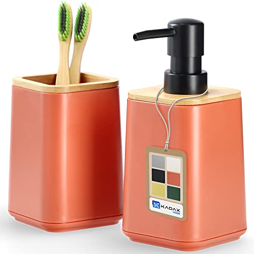 KADAX Badezimmerset, Seifenspender mit Zahnputzbecher in 6 Farbvarianten, dekoratives Badzubehör, modernes Badezimmerzubehör mit natürlichem Bam-Bus (Rosa) von KADAX