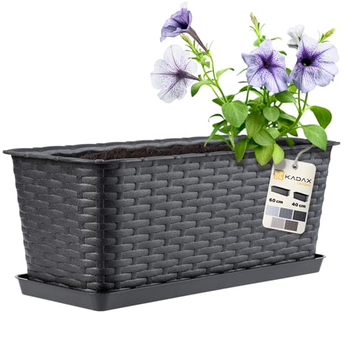 KADAX Blumenkasten 40 cm Anthrazit mit Untersetzer, Rattan-Optik – Pflanzkasten für Balkon oder Fenster, robuster Balkonkasten von KADAX