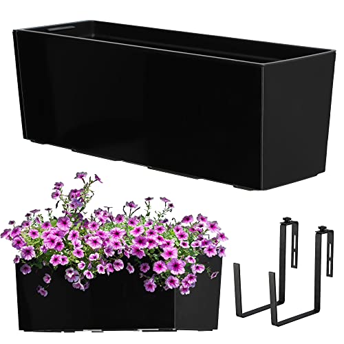 KADAX Blumenkasten aus Kunststoff, 18,5x56 cm, Pflanzkasten mit Einsatz, wetterfester Balkonkasten, rechteckiger Blumentopf, Blumenkübel Outdoor (Mit Halterungen, Glattemuster, Schwarz) von KADAX