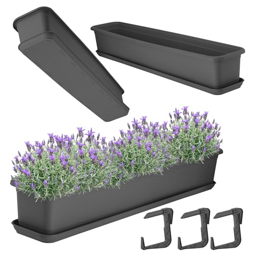 KADAX Blumenkasten mit Untersatz und Balkonkastenhalterung, Balkonkasten aus Kunststoff, Pflanzkasten für Innen- und Außenbereiche, Blumentopf für Balkon (80cm, Anthrazit) von KADAX