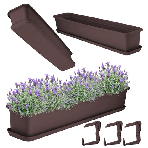 KADAX Blumenkasten mit Untersatz und Balkonkastenhalterung, Balkonkasten aus Kunststoff, Pflanzkasten für Innen- und Außenbereiche, Blumentopf für Balkon (80cm, Braun) von KADAX