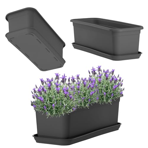 KADAX Blumenkasten mit Untersetzer, Balkonkasten aus Kunststoff, Pflanzkasten für Innen- und Außenbereiche, Blumentopf für Balkon, Terrasse, Fensterbank (40cm, Anthrazit) von KADAX