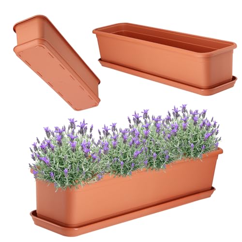 KADAX Blumenkasten mit Untersetzer, Balkonkasten aus Kunststoff, Pflanzkasten für Innen- und Außenbereiche, Blumentopf für Balkon, Terrasse, Fensterbank (60cm, Terracotta) von KADAX