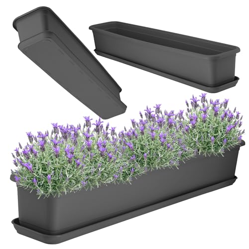 KADAX Blumenkasten mit Untersetzer, Balkonkasten aus Kunststoff, Pflanzkasten für Innen- und Außenbereiche, Blumentopf für Balkon, Terrasse, Fensterbank (80cm, Anthrazit) von KADAX