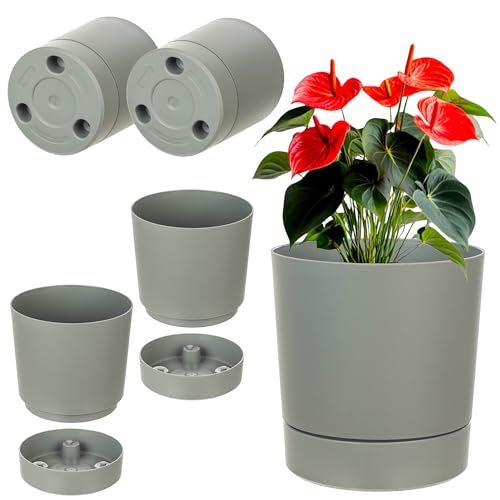 KADAX Blumentöpfe mit Untersetzern, 2er Set, Durchmesser 14.5cm, Übertöpfe aus Kunststoff, Blumenübertöpfe, Pflanztöpfe für Zimmerpflanzen (Grau/Grün) von KADAX