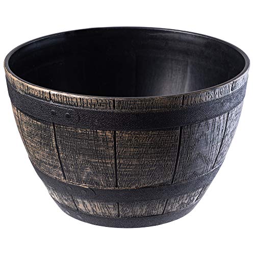 KADAX Pflanztopf im Holzfass-Design, ø 33 cm, aus wetterfestem Kunststoff, für Garten, Terrasse & Balkon, dekorativer Blumentopf, Blumenkübel oder Übertopf, Dunkelbraun, Teich mit Wassereimer von KADAX