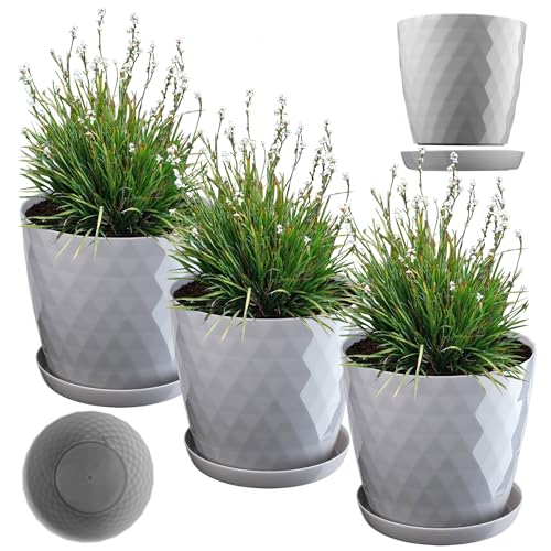 KADAX Blumentopf, Kunststoff Topf-Set mit Untersetzer, Pflanzkübel aus leichtem Material, dekorativer Kräutertopf, Topf für Blumen, Pflanzen, Kaktus und Sukkulente (Set of 3 – 16cm, grau) von KADAX