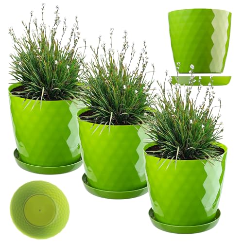 KADAX Blumentopf, Kunststoff Topf-Set mit Untersetzer, Pflanzkübel aus leichtem Material, dekorativer Kräutertopf, Topf für Blumen, Pflanzen, Kaktus und Sukkulente (Set of 3-16cm, grün) von KADAX
