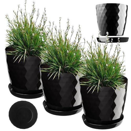 KADAX Blumentopf, Kunststoff Topf-Set mit Untersetzer, Pflanzkübel aus leichtem Material, dekorativer Kräutertopf, Topf für Blumen, Pflanzen, Kaktus und Sukkulente (Set of 3 – 16cm, schwarz) von KADAX