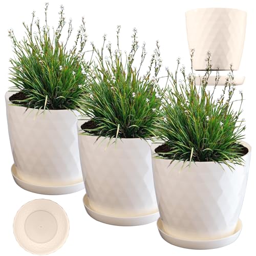 KADAX Blumentopf, Kunststoff Topf-Set mit Untersetzer, Pflanzkübel aus leichtem Material, dekorativer Kräutertopf, Topf für Blumen, Pflanzen, Kaktus und Sukkulente (Set of 3 – 18cm, Ecru) von KADAX