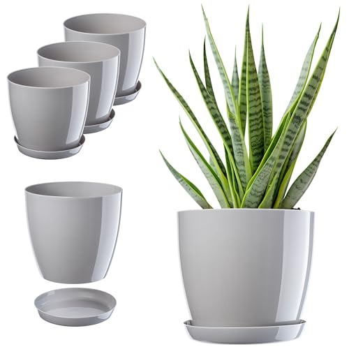 KADAX Blumentopf, Pflanzkübel-Set mit Untersetzer, Blumenkübel aus Kunststoff, runder Pflanztopf für Innenbereich, Übertopf für Blumen und Zimmerpflanzen, Kräutertopf (Set of 3 – 16cm, grau) von KADAX