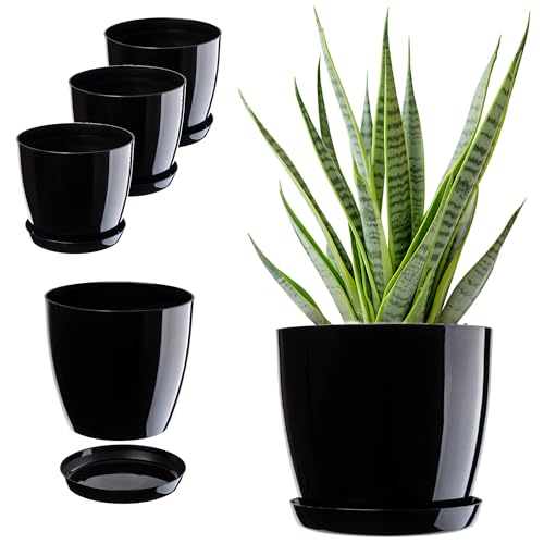 KADAX Blumentopf, Pflanzkübel-Set mit Untersetzer, Blumenkübel aus Kunststoff, runder Pflanztopf für Innenbereich, Übertopf für Blumen und Zimmerpflanzen, Kräutertopf (Set of 3 – 18cm, schwarz) von KADAX