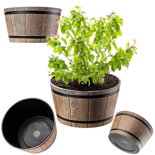 KADAX Pflanztopf im Holzfass-Design, ø 40cm, aus wetterfestem Kunststoff, für Garten, Terrasse & Balkon, dekorativer Blumentopf, Blumenkübel oder Übertopf, Mokkabraun, Teich mit Wassereimer von KADAX