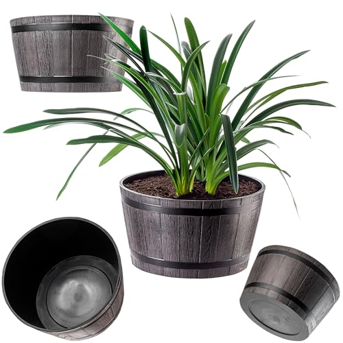KADAX Pflanztopf im Holzfass-Design, ø 50cm, aus wetterfestem Kunststoff, für Garten, Terrasse & Balkon, dekorativer Blumentopf, Blumenkübel oder Übertopf, Braun, Teich mit Wassereimer von KADAX