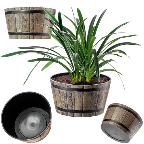 KADAX Pflanztopf im Holzfass-Design, ø 50cm, aus wetterfestem Kunststoff, für Garten, Terrasse & Balkon, dekorativer Blumentopf, Blumenkübel oder Übertopf, Mokkabraun, Teich mit Wassereimer von KADAX