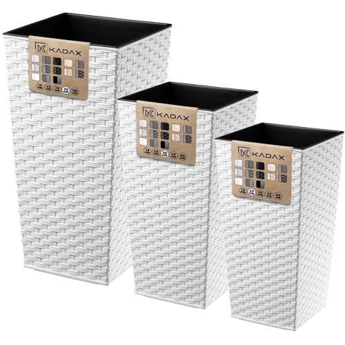 KADAX Blumentopf Set, Blumenkübel aus Kunststoff, Pflanzkübel Set, Innen- und Außenbereich, Outdoor-Pflanzkübel, witterungsbeständiger Blumenkübel (Weiß Rattan 3er Set XL) von KADAX