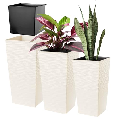 KADAX 3er Set Pflanzkübel mit Innentopf 57/68/75 cm Höhe, Creme – wetterfeste & robuste Blumenkübel aus Kunststoff, Blumentöpfe für Innen- & Außenbereich von KADAX
