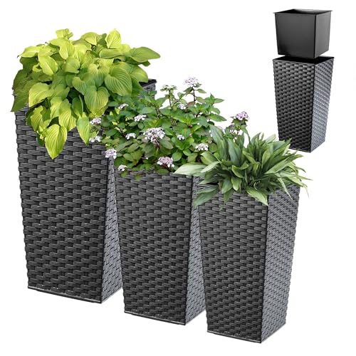 KADAX Blumentopf Set, Blumenkübel aus Kunststoff, Pflanzkübel Set, wetterfester Blumentopf, Innen- und Außenbereich, Outdoor-Pflanzkübel, witterungsbeständiger Blumenkübel (Grafit Rattan 3er Set) von KADAX