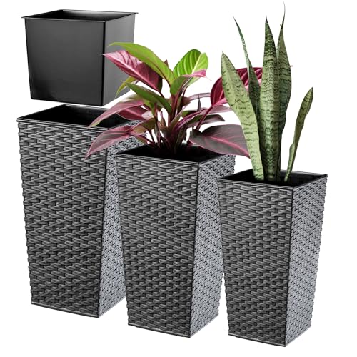 KADAX 3er Set Pflanzkübel mit Innentopf 36/46,5/57,5 cm Höhe, Grafit Rattan – wetterfeste & robuste Blumenkübel aus Kunststoff, Blumentöpfe für Innen- & Außenbereich von KADAX