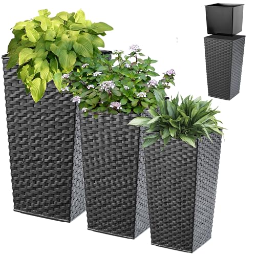 KADAX Blumentopf Set, Blumenkübel aus Kunststoff, Pflanzkübel Set, wetterfester Blumentopf, Innen- und Außenbereich, Outdoor-Pflanzkübel, witterungsbeständiger Blumenkübel (Grafit Rattan 3er Set XL) von KADAX