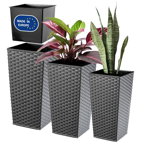 KADAX 3er Set Pflanzkübel mit Innentopf 46,5/57,5/68 cm Höhe, Grafit Rattan – wetterfeste & robuste Blumenkübel aus Kunststoff, Blumentöpfe für Innen- & Außenbereich von KADAX