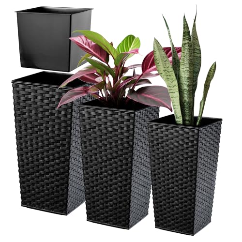 KADAX 3er Set Pflanzkübel mit Innentopf 46,5/57,5/68 cm Höhe, Schwarz Rattan – wetterfeste & robuste Blumenkübel aus Kunststoff, Blumentöpfe für Innen- & Außenbereich von KADAX