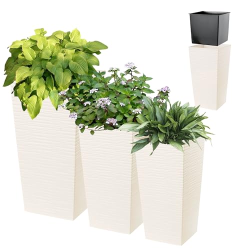 KADAX Blumentopf Set, Blumenkübel aus Kunststoff, Pflanzkübel Set, wetterfester Blumentopf, Innen- und Außenbereich, Outdoor-Pflanzkübel, witterungsbeständiger Blumenkübel (Creme 3er Set) von KADAX