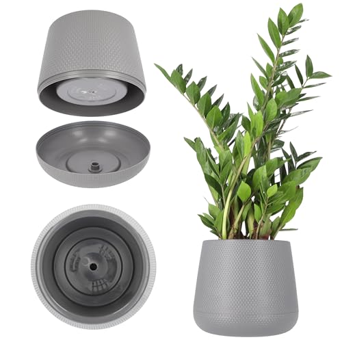 KADAX Blumentopf aus Kunststoff, ⌀13-23 cm, 4 Farben, ovaler Topf mit Untersetzer im Set, Pflanzentopf, Blumenübertopf, Pflanzkübel, Übertopf (⌀ 17 cm, grau) von KADAX