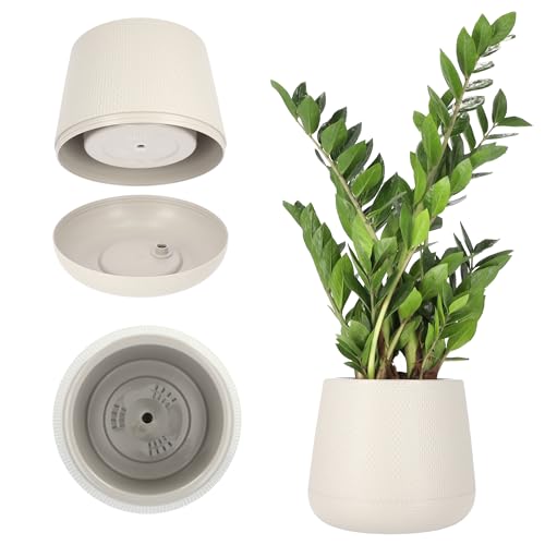 KADAX Blumentopf aus Kunststoff, ⌀13-23 cm, 4 Farben, ovaler Topf mit Untersetzer im Set, Pflanzentopf, Blumenübertopf, Pflanzkübel, Übertopf (⌀ 23 cm, beige) von KADAX