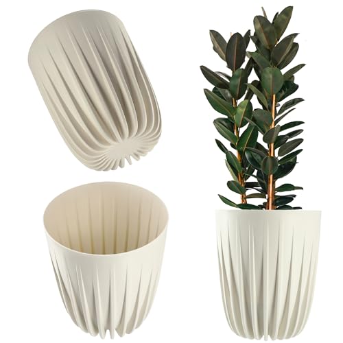 KADAX Blumentopf aus Kunststoff, Moderne Pflanztöpfe, Pflanzentopf mit geometrischem Muster, runder Blumenkübel mit Einsatz, Outdoor Naturblumentopf, Hochübertopf (∅ 14,5 cm, Creme) von KADAX