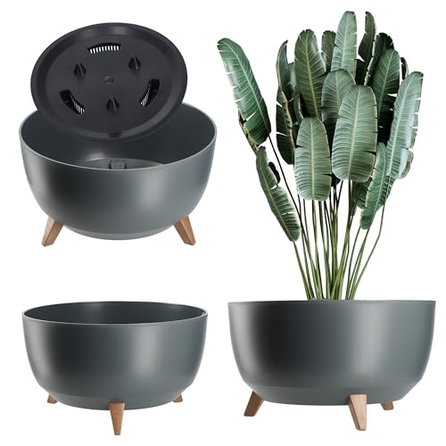 KADAX Blumentopf aus Kunststoff mit DREI Einsteckstützen, runde Blumenschale, Pflanzkübel, Blumenkübel, Pflanzschale für Balkon, Wohnzimmer (⌀ 47 cm, anthrazit) von KADAX