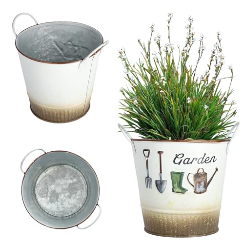 KADAX Blumentopf aus Metall, Blumentopf im Retro-Stil, Topf für Orchideen, Kräuter, Geranien, Blumenschale, Pflanzkübel (⌀ 14 cm, Rund, Mit Griffen) von KADAX