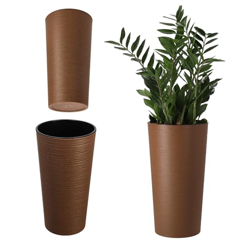 KADAX Blumentopf mit Holzspänen, eleganter Übertopf mit herausnehmbarer Einlage, Blumentopfschutz für Büro, Blumenkübel, Topf, Gartenschale (braun, ⌀ 19 cm) von KADAX