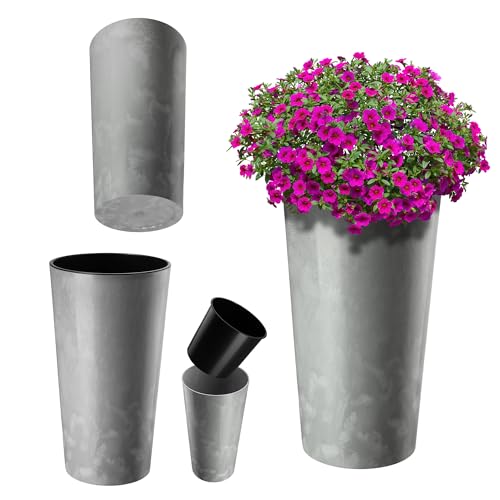 KADAX Blumentopf mit Holzspänen, eleganter Übertopf mit herausnehmbarer Einlage, Blumentopfschutz für Büro, Blumenkübel, Topf, Gartenschale (Beton Grau, ⌀ 14 cm) von KADAX