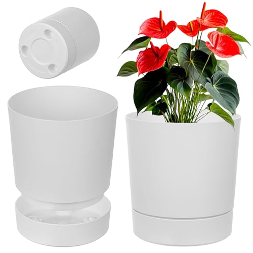 KADAX Blumentopf mit Untersetzer, Durchmesser 20cm, Übertopf aus Kunststoff für Innen, Pflanztopf mit Matter Oberfläche für Zimmerpflanzen (Weiß) von KADAX
