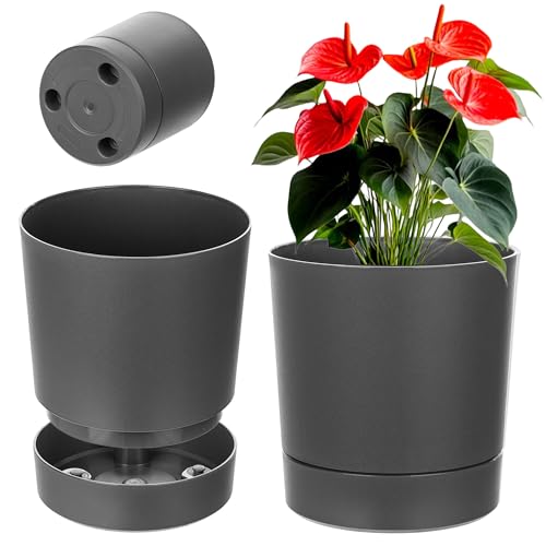 KADAX Blumentopf mit Untersetzer, Durchmesser 27.5cm, Übertopf aus Kunststoff für Innen, Pflanztopf mit Matter Oberfläche für Zimmerpflanzen (Anthrazit) von KADAX