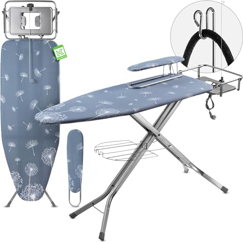 KADAX Bügelbrett mit Steckdose, 130x48cm Dampfbügelbrett mit Bügeleisenablage und Ärmelbügeltisch, klappbarer Bügeltisch mit Dampfbügelstation (Dunkelblau) von KADAX