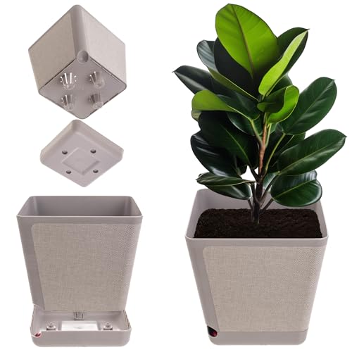 KADAX Dekorativer Übertopf, Blumentopf aus Kunststoff, Rechteckiger Pflanztopf mit Bewässerungssystem, Blumenkübel mit Selbstbewässerung und Wasserspeicher (Beige 24cm) von KADAX