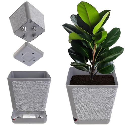 KADAX Dekorativer Übertopf, Blumentopf aus Kunststoff, Rechteckiger Pflanztopf mit Bewässerungssystem, Blumenkübel mit Selbstbewässerung und Wasserspeicher (Graue Melange 24cm) von KADAX